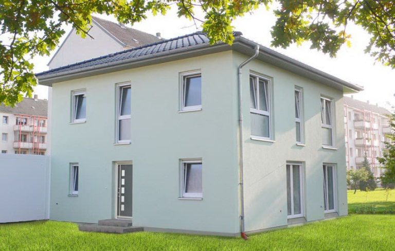 Stadtvilla Cracau mit grauer Fassade und klarer Kubatur